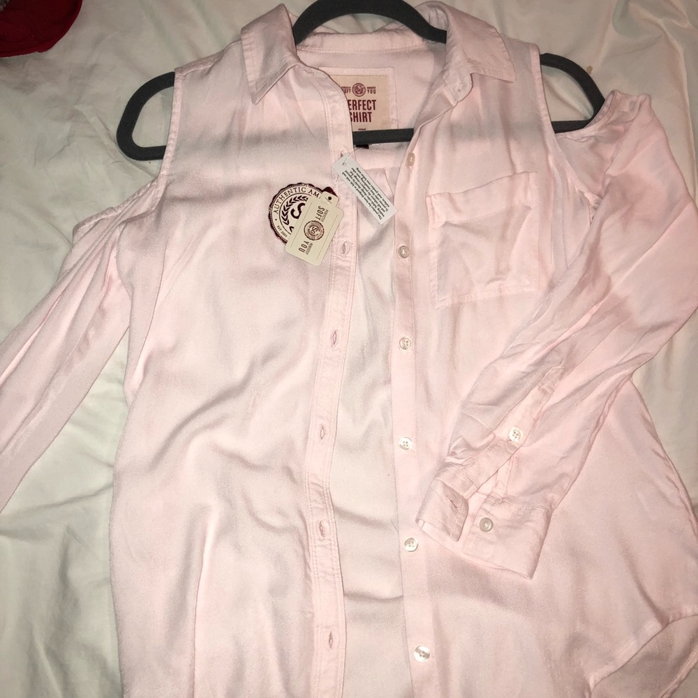 Button down open shoulder shirt